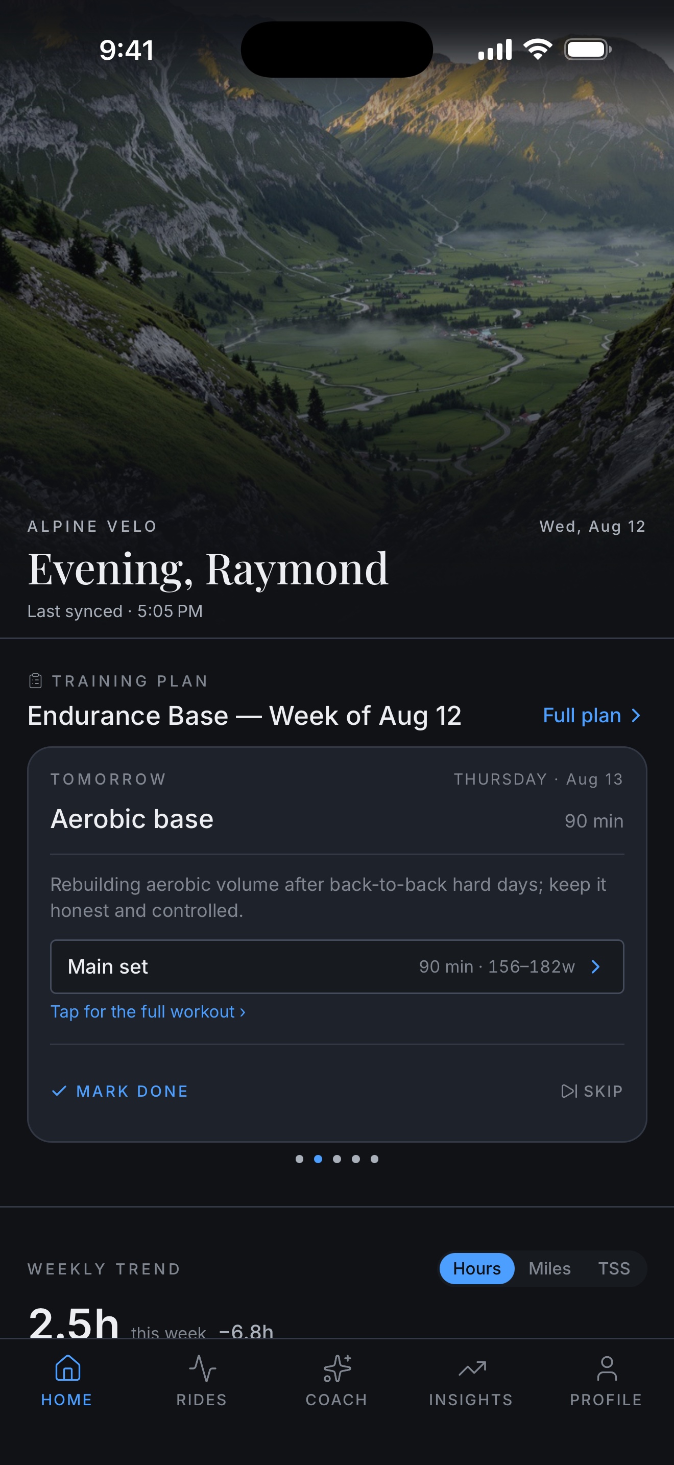 Alpine Velo home screen showing today's coach-built training plan and the next session's target power