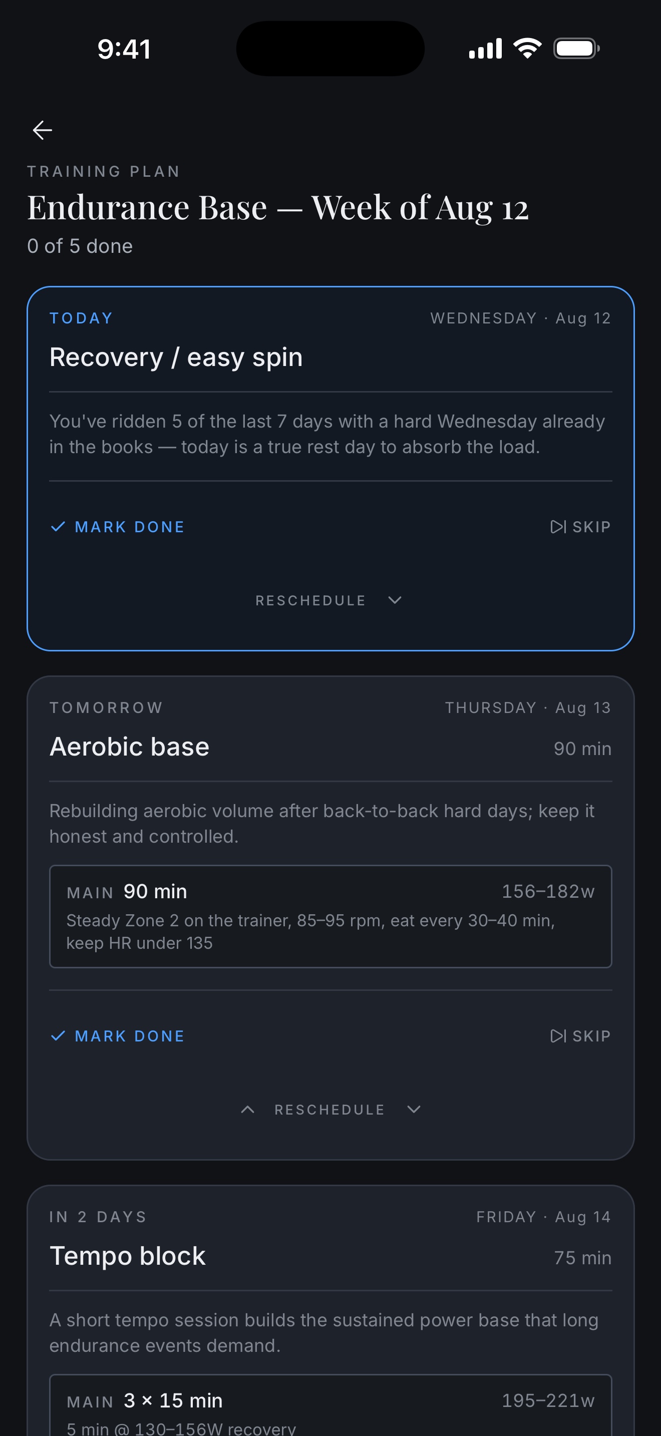 Alpine Velo full-week plan listing each session with its duration and target power
