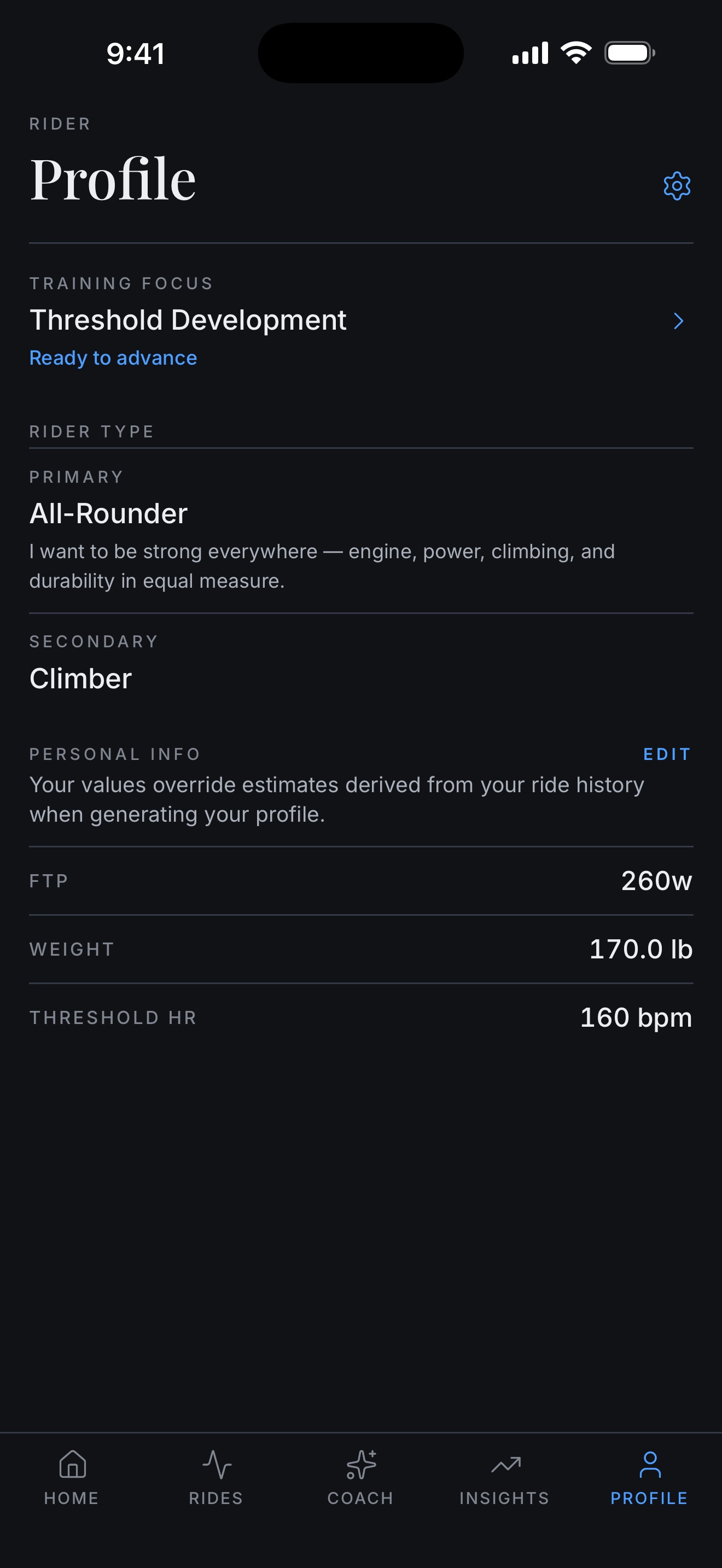Alpine Velo profile screen showing the rider's type, current focus mode, and personal training values like FTP and threshold HR