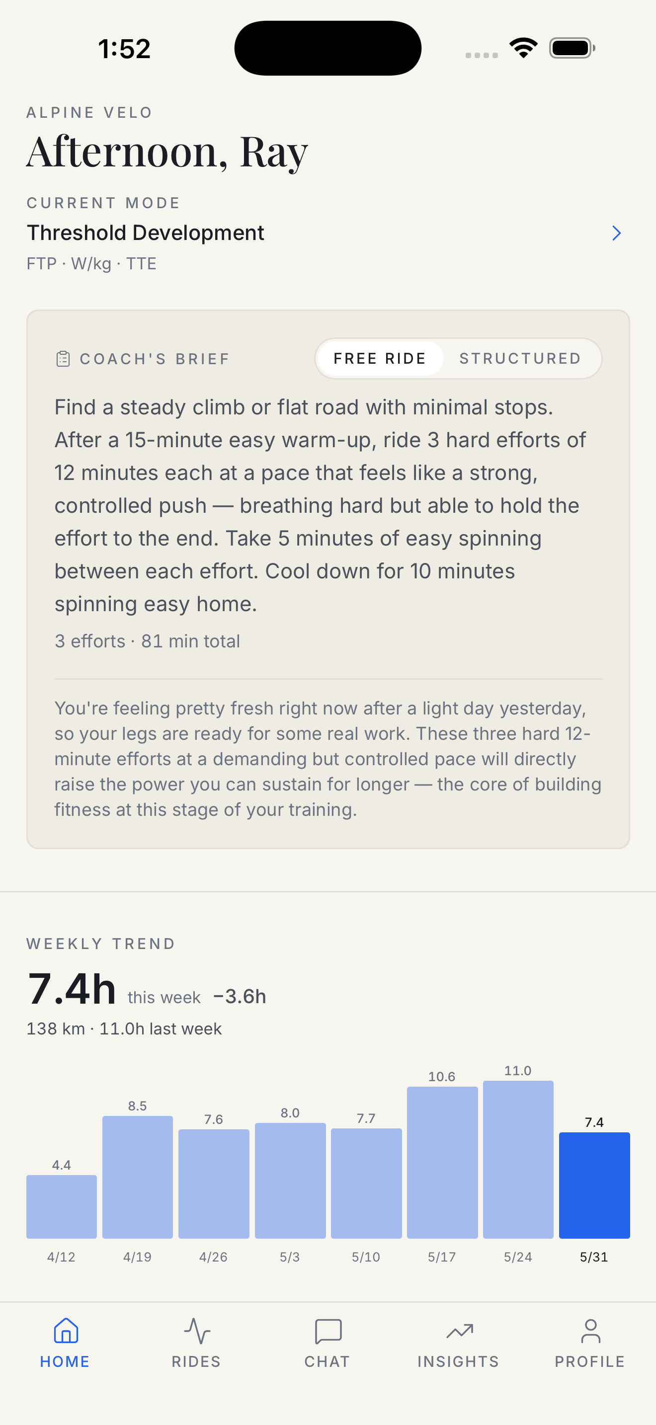 Alpine Velo home screen showing the coach's daily brief with the day's recommended ride and the weekly training trend
