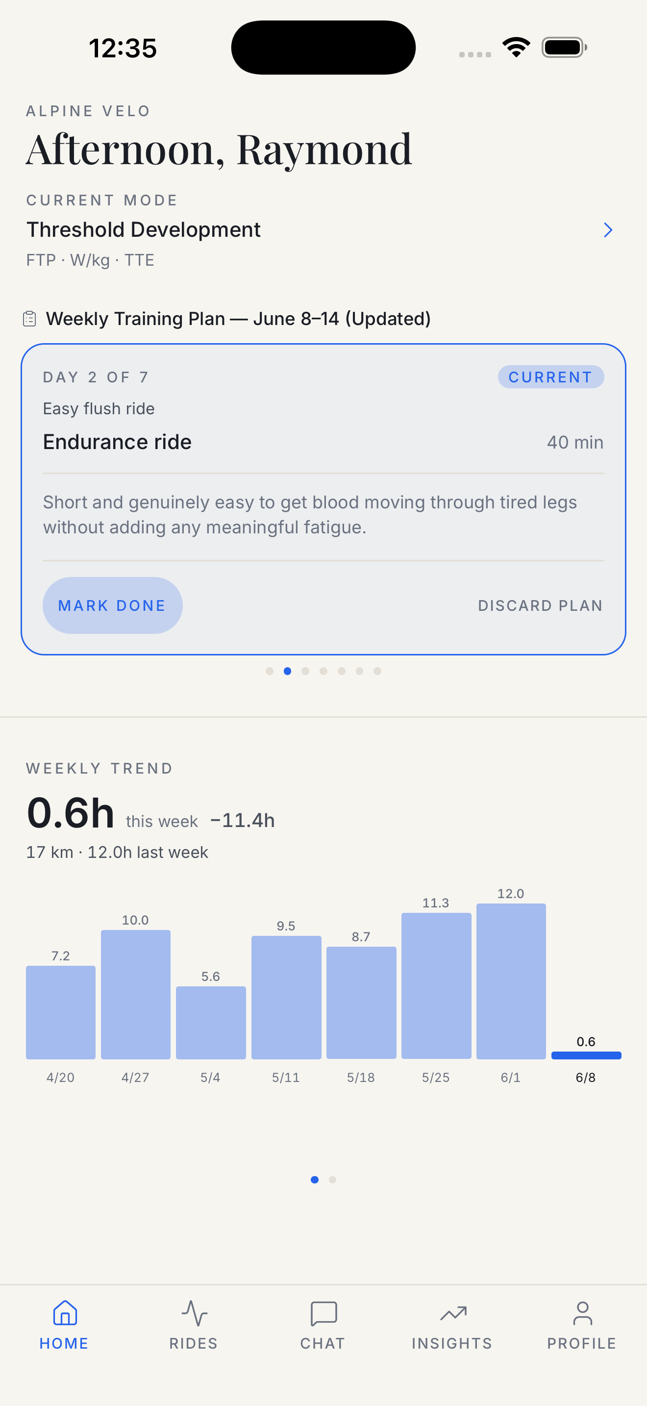 Alpine Velo home screen showing a coach-built multi-session plan, one ride at a time