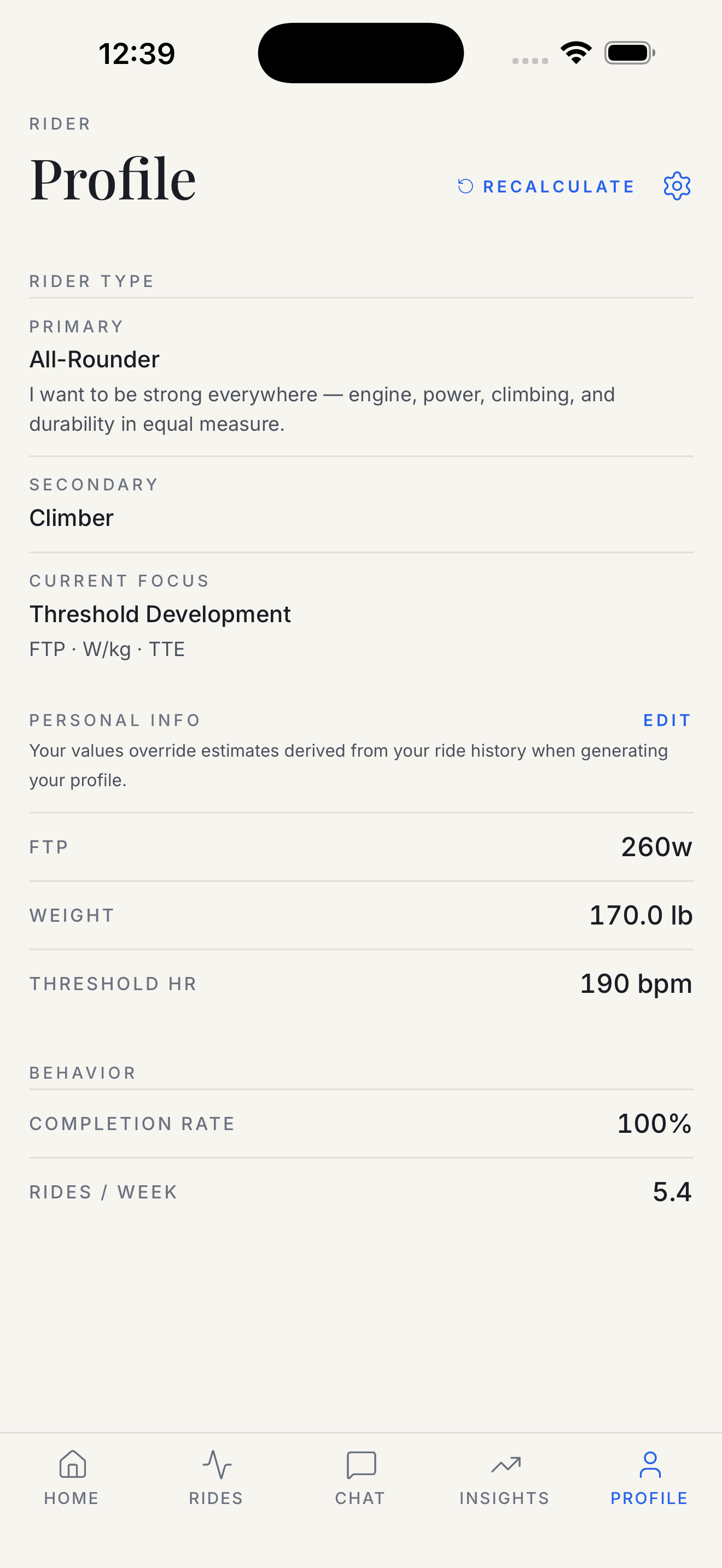 Alpine Velo profile screen showing the rider's type, current focus mode, and personal training values like FTP and threshold HR
